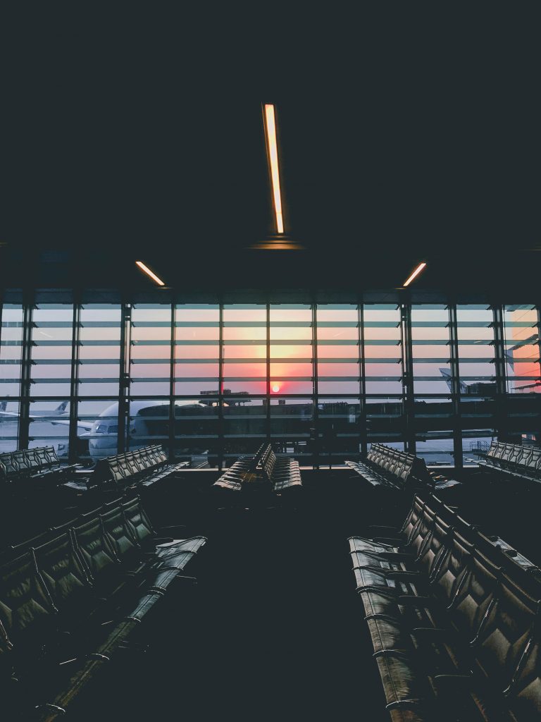 empty airport at sunset