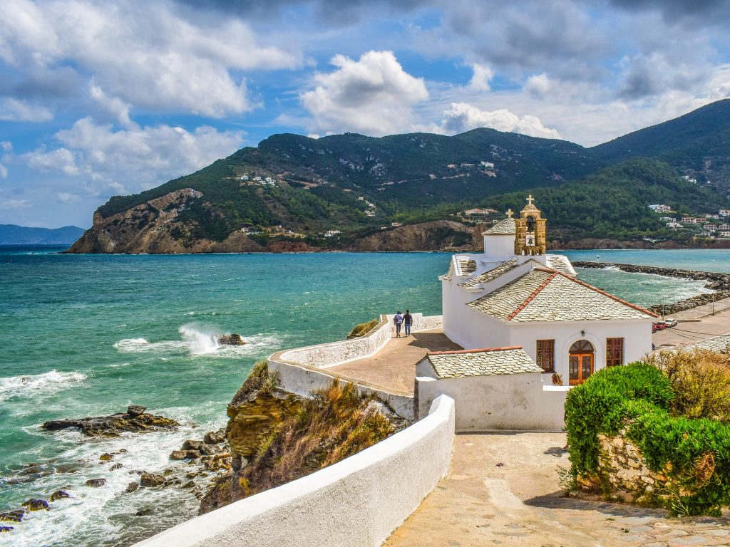 a whitewashed church on the island of skopelos greece